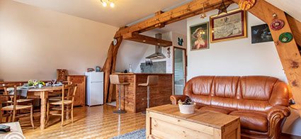 cuisine américaine et coin salon soigneusement décoré avec télévision accès wifi gratuit appartement à louer Moye Rumilly Haute Savoie